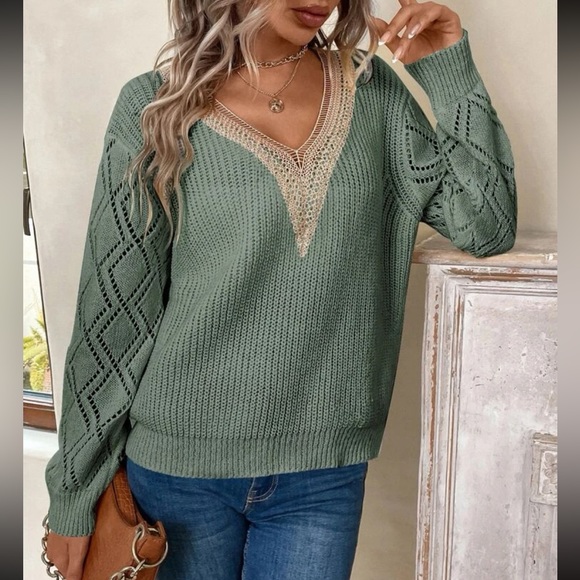 Comfy Sheer Lace V Neck Knit Swearer Top Green - Picture 4 of 14